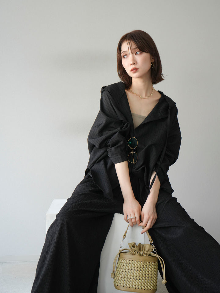 [予約]ワッシャーストライプフーディーシャツ/ブラック