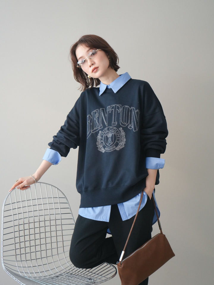 [SET]カレッジロゴ刺繍BIGスウェットプルオーバー+ボウタイ付オーバーシャツ(2set)