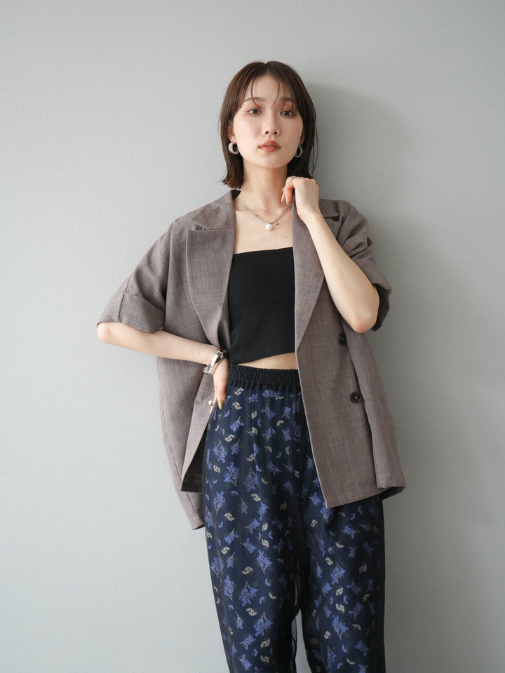 [SET]リネンライクハーフテーラードジャケット+コード刺繍チュールレイヤードパンツ(2set)