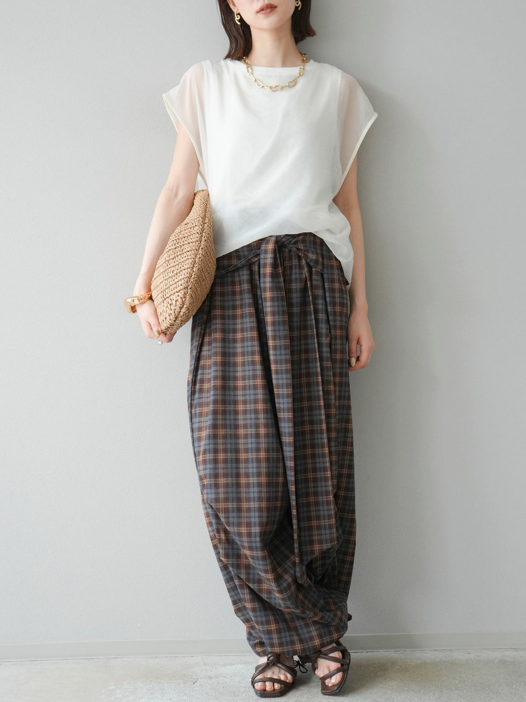 [予約]チェック柄ウエスト巻きドロストパンツ/ブラウン