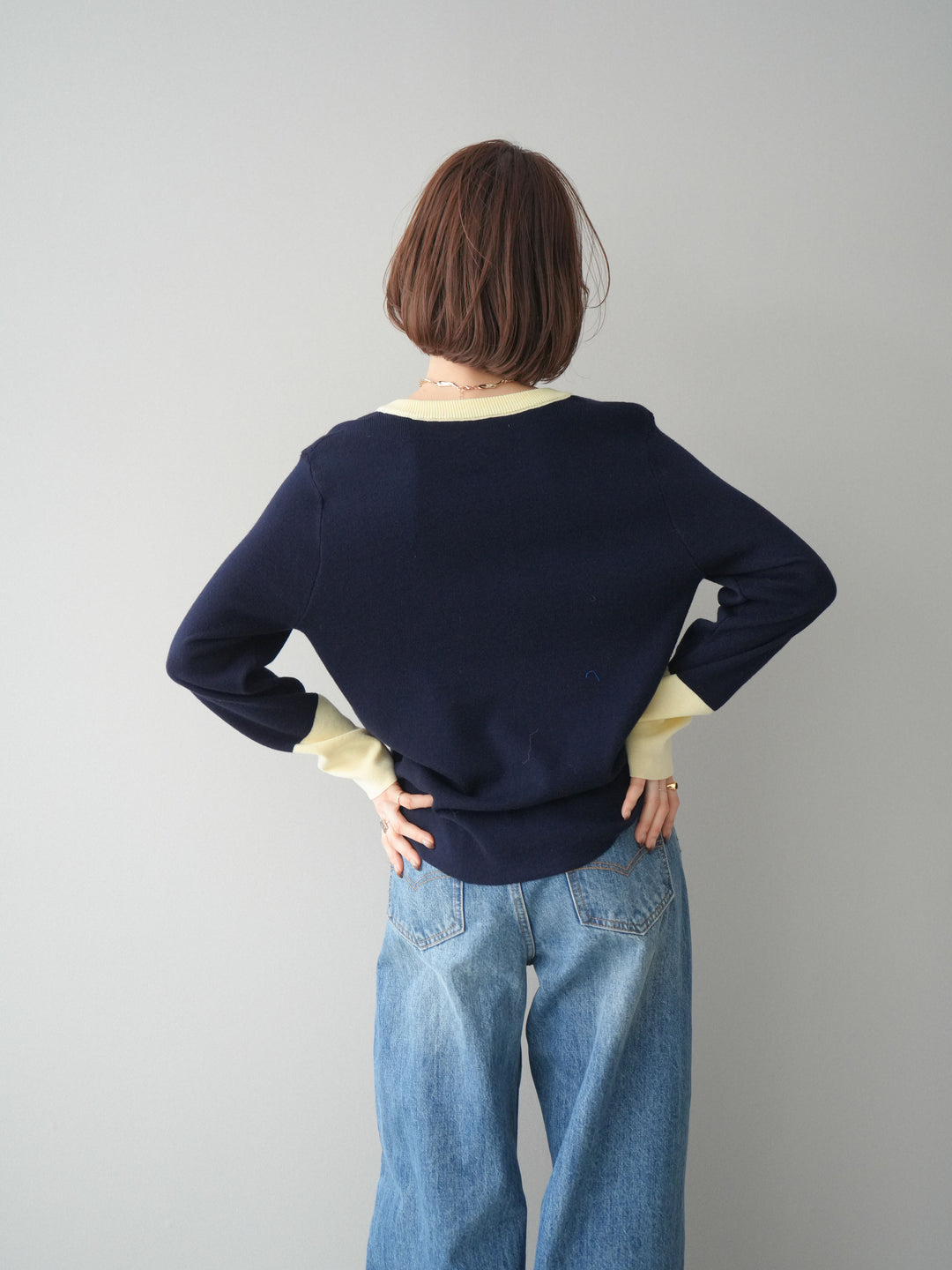 [SET]ヘンリーネック配色ニットソー+ヘンリーネック配色ニットソー(2set)