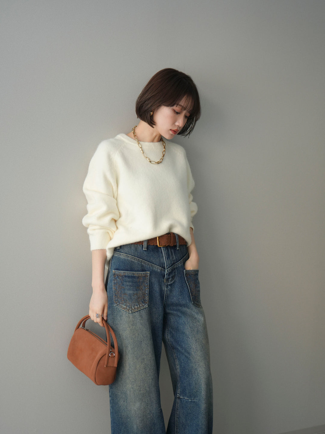 [予約]クルーネックモチモチニットプルオーバー/white