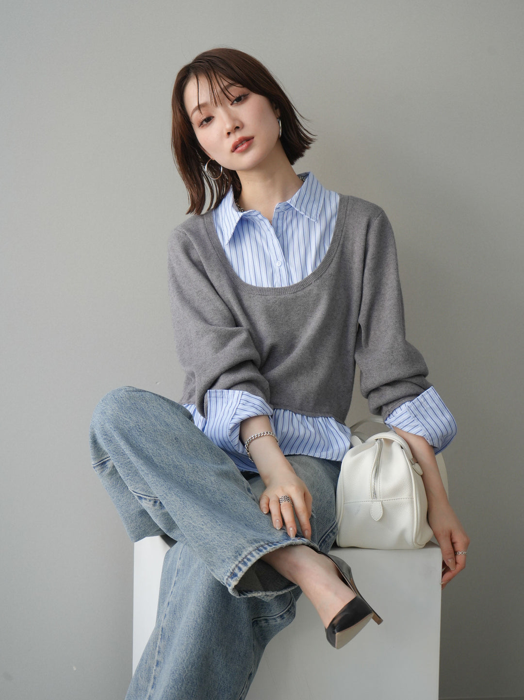 [予約]ストライプシャツUネックドッキングニットプルオーバー/graybluestripeA