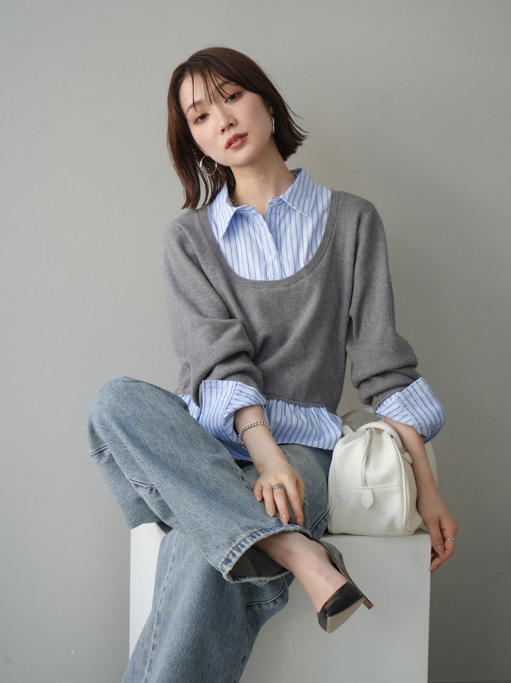 [予約]ストライプシャツUネックドッキングニットプルオーバー/graybluestripeA