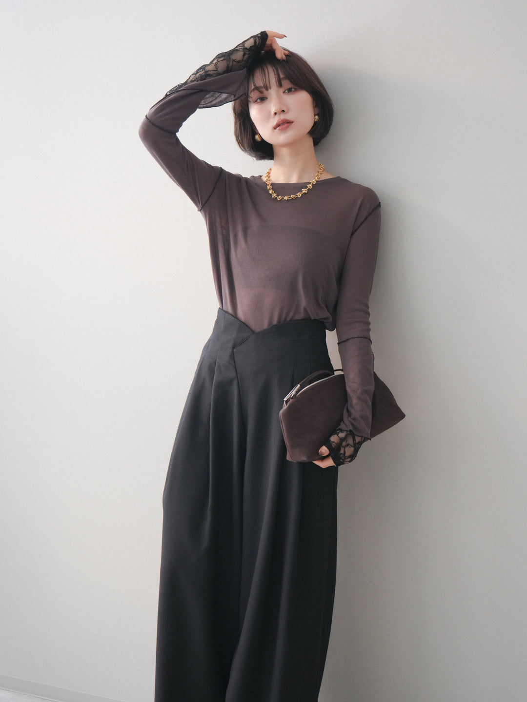 [予約]袖レースレイヤードデザインメロートップス/brown