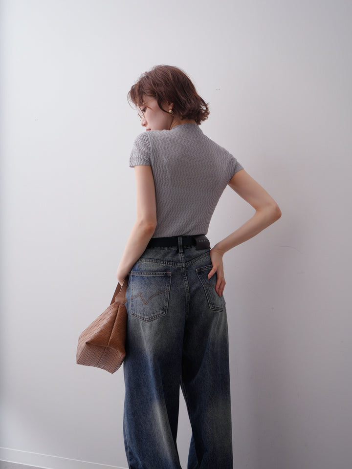 [予約]ウェーブハイネックフレンチニットトップス/gray