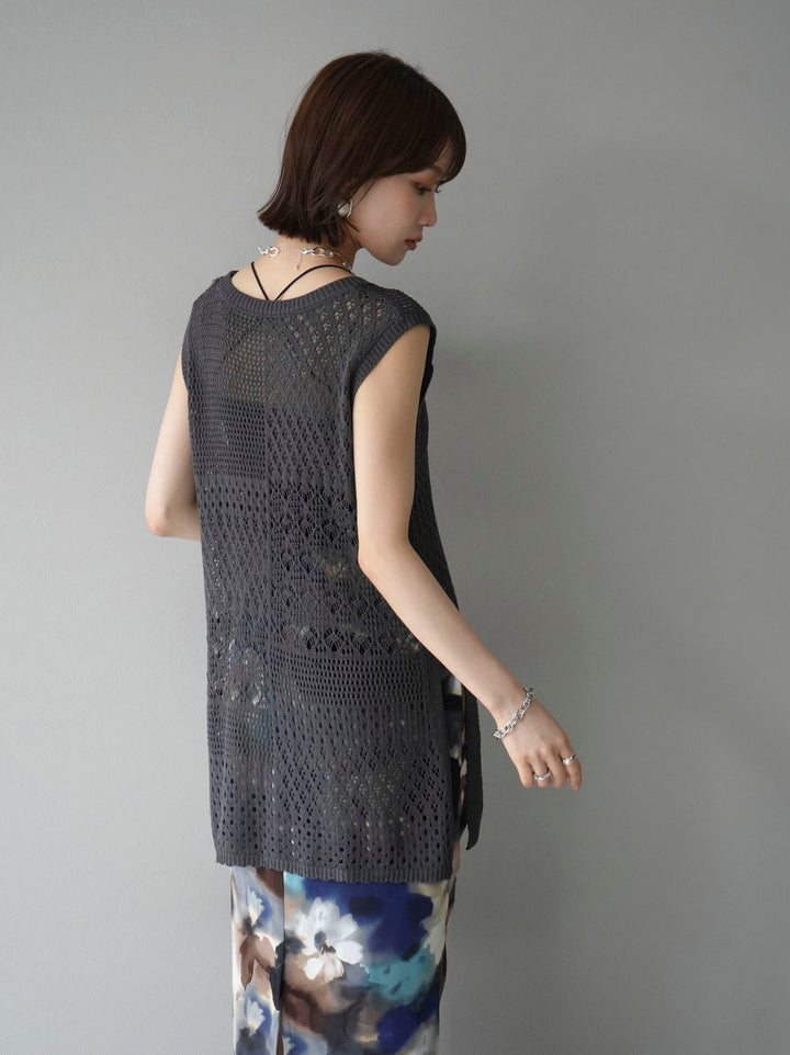 [Pre-order] Openwork side slit knit top/charcoal