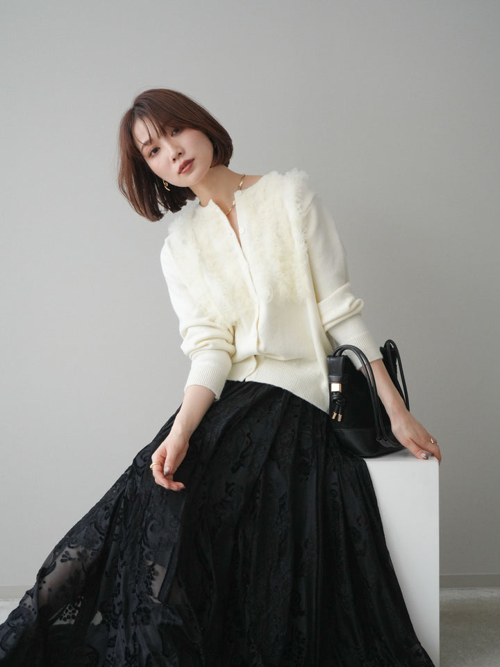 [SET]チュールフリルニットカーディガン+アンティーク柄フロッキーマキシスカート(2set)