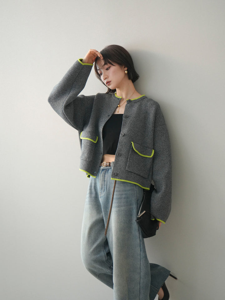 [SET]ポリエステル配色ニットカーディガン+裏起毛カットオフカーブデニムパンツ(2set)