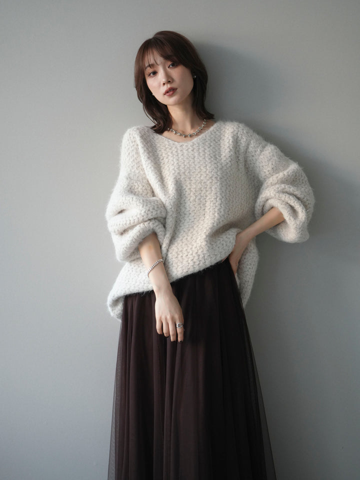 [SET]ウールタッチラメミックスヤーンVネックニットプルオーバー+チュールボリュームスカート(2set)