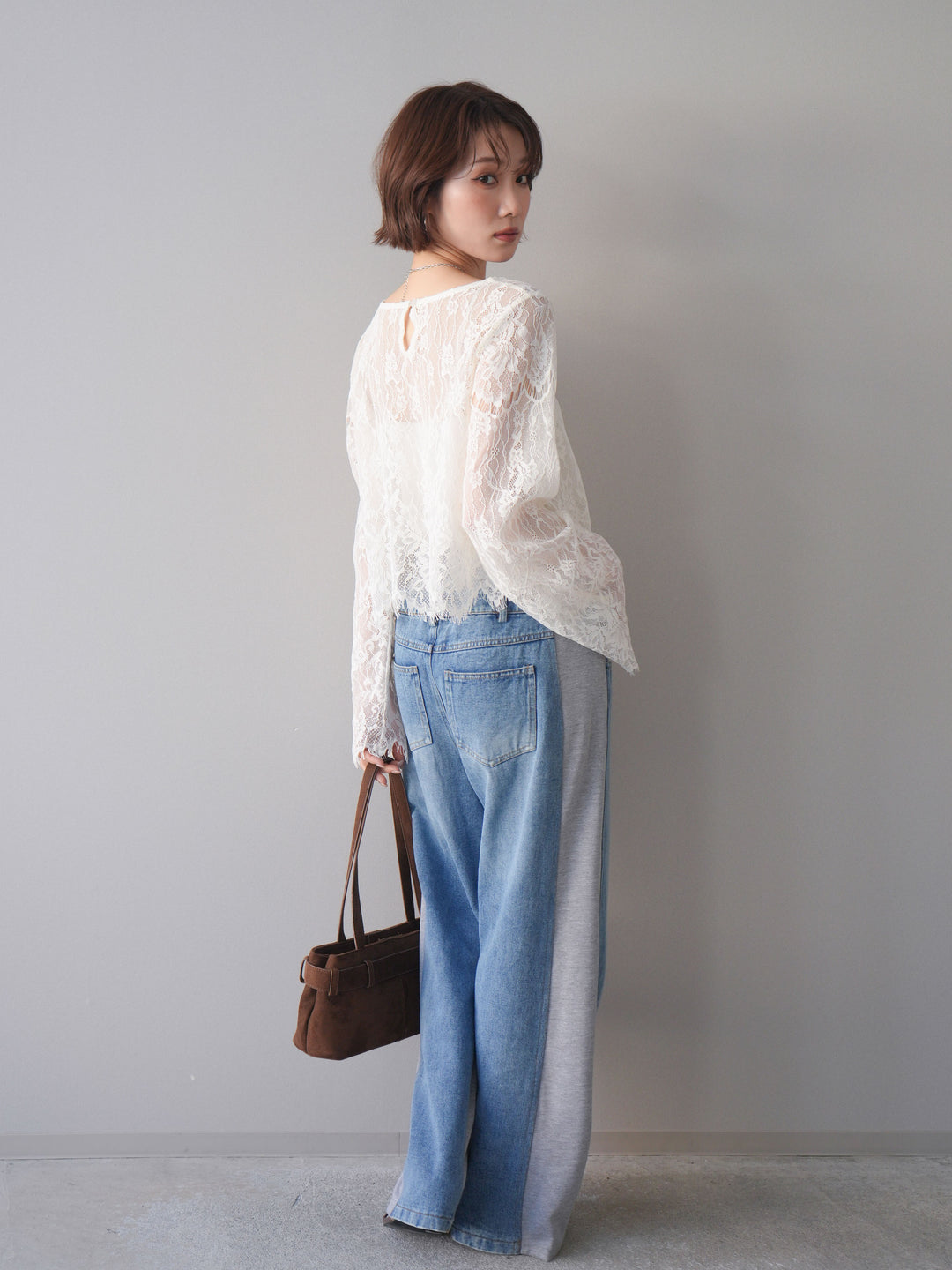 [SET]2WAYスリーブレーストップス+デニム切替スウェットパンツ(2set)