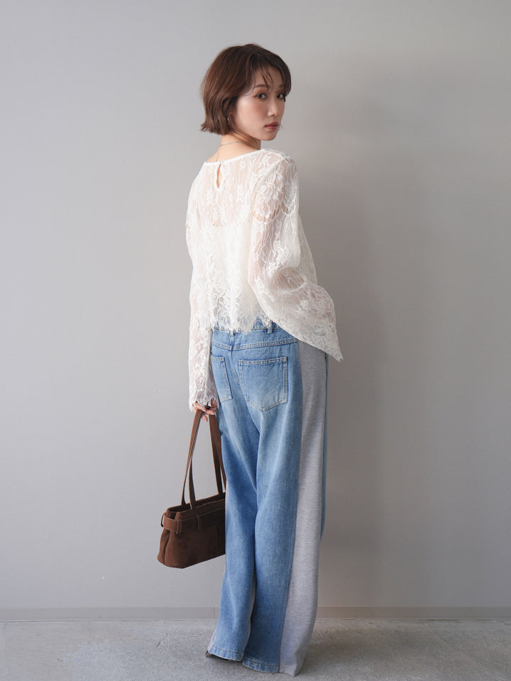 [SET]2WAYスリーブレーストップス+デニム切替スウェットパンツ(2set)