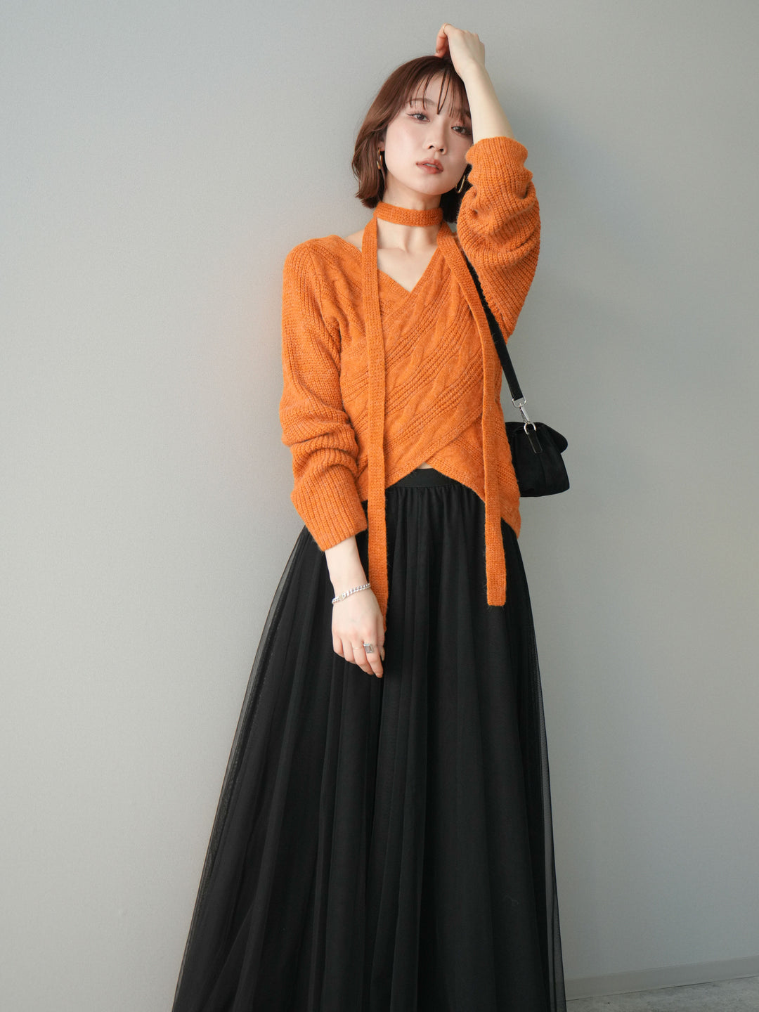 [予約]ケーブル編みクロスニットトップス/orange