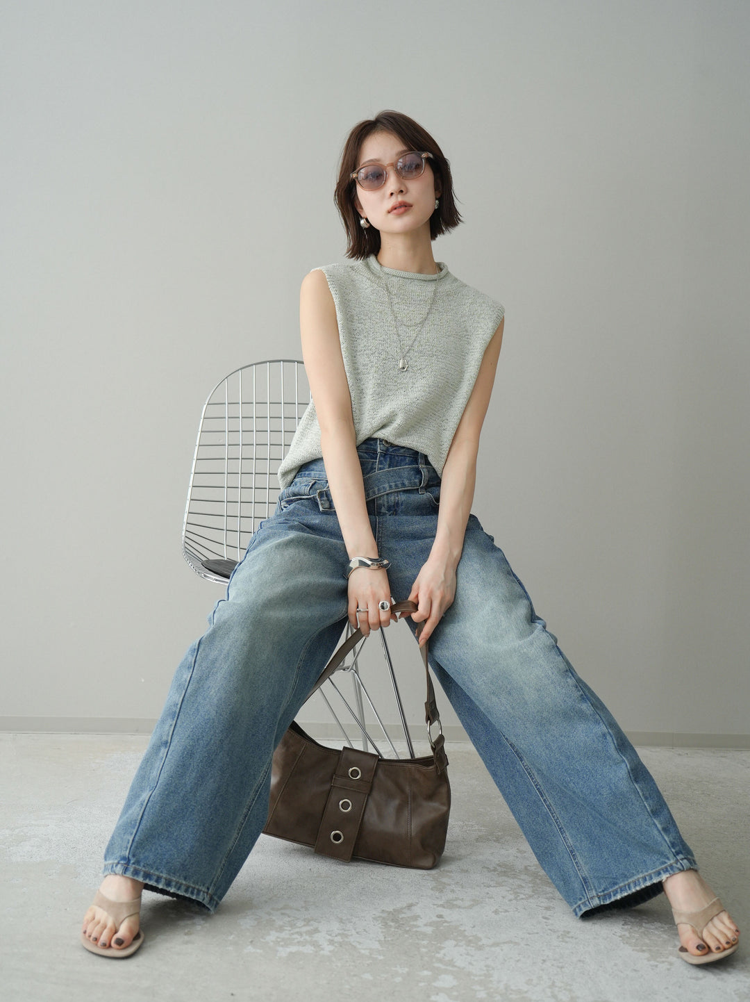 [予約]ノースリーブリネンタッチシアーニットプルオーバー/green