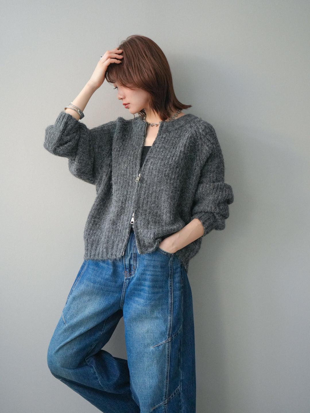 [予約]MIXヤーンモヘアタッチZIPニットカーディガン/gray