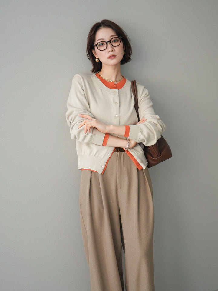 [予約]配色レイヤードコットンアクリルニットカーディガン/ivory