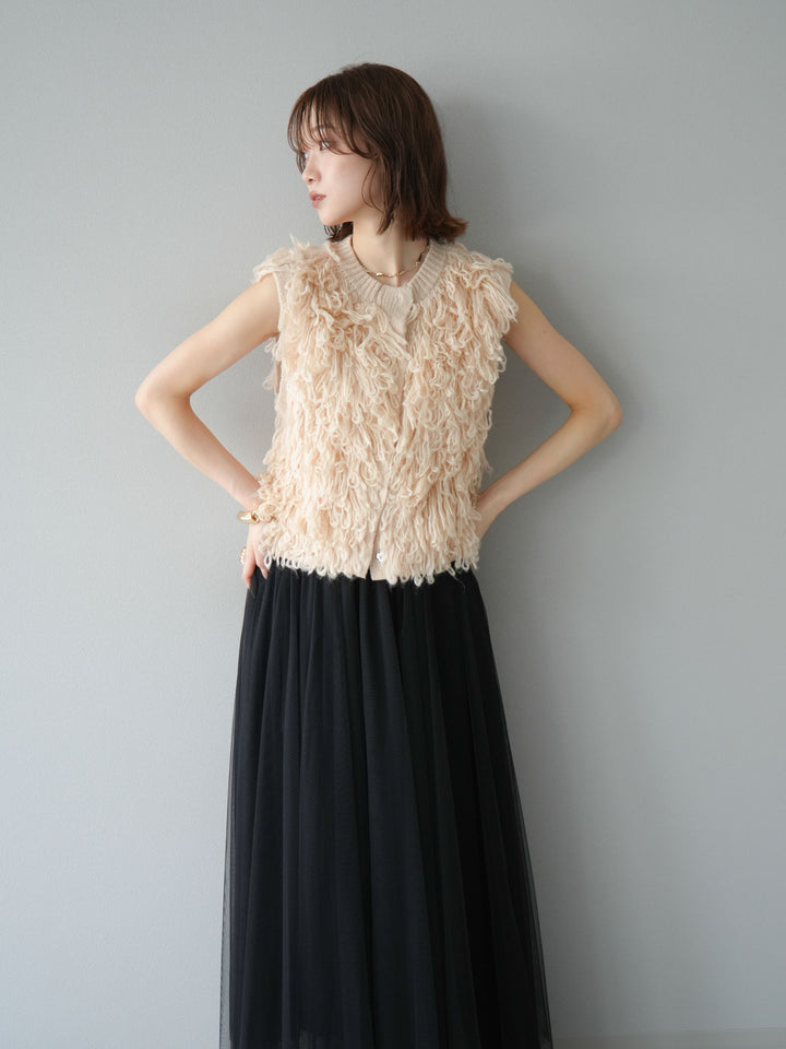 [SET] 前開衩針織背心 + 薄紗蓬鬆裙 (2 件套)