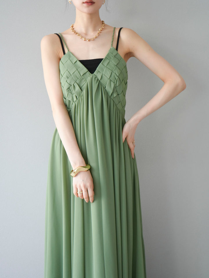 [SET]編み込みデザインシフォンワンピース+カップ付テレコリブベアキャミソール(2set)