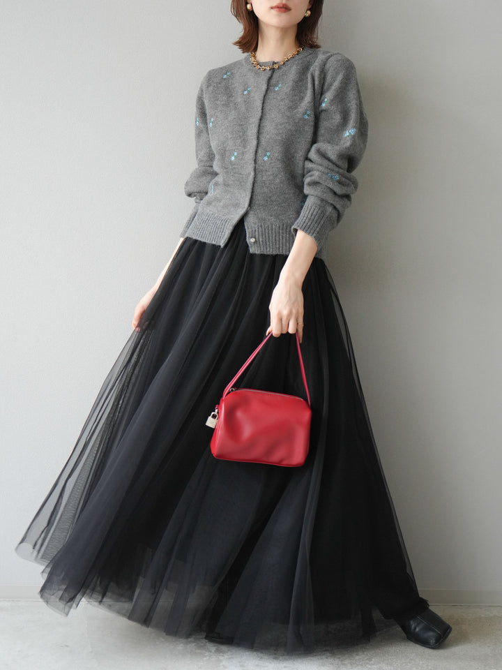 [SET]フラワー刺繍ニットカーディガン+チュールボリュームスカート(2set)