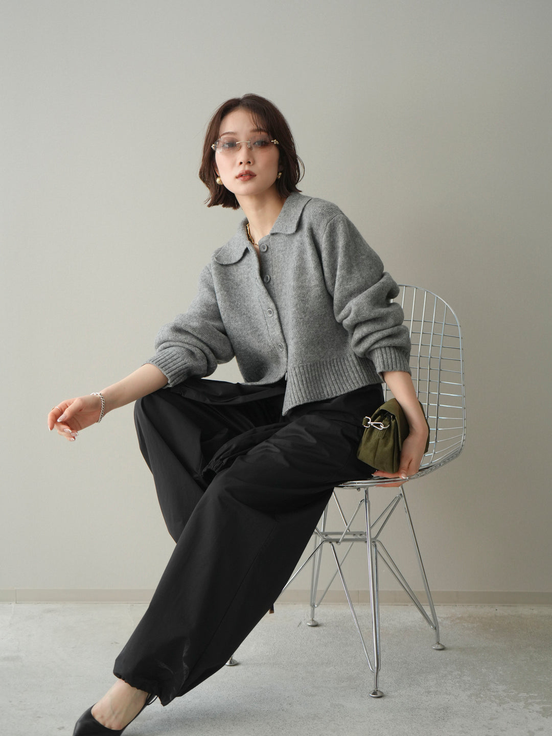 [予約]メランジニット襟付きクロップドカーディガン/gray