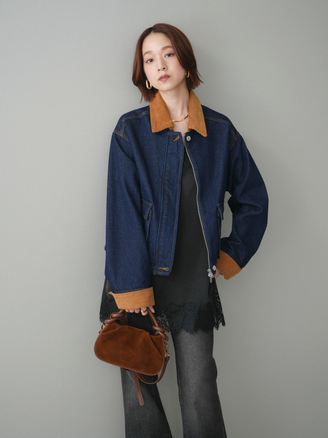 [予約]コーデュロイ×デニムショートカバーオール/indigo