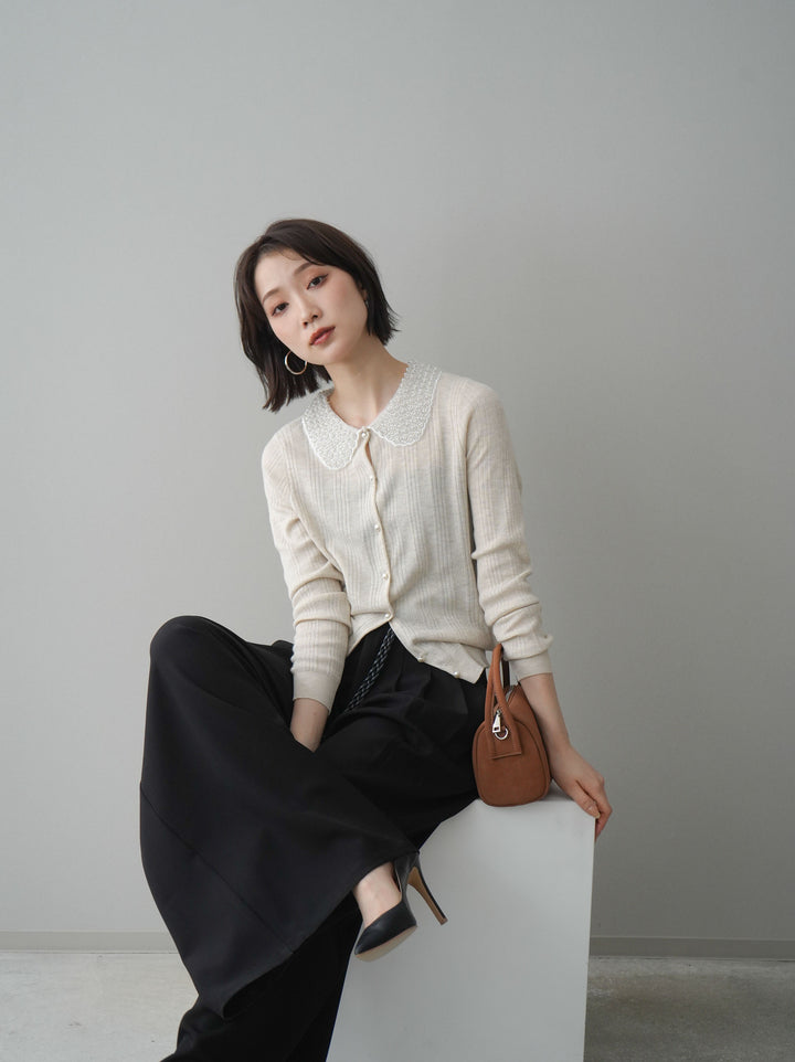 [SET]ビジュー襟パールボタンニットカーディガン+編み込みベルト付タックワイドパンツ(2set)