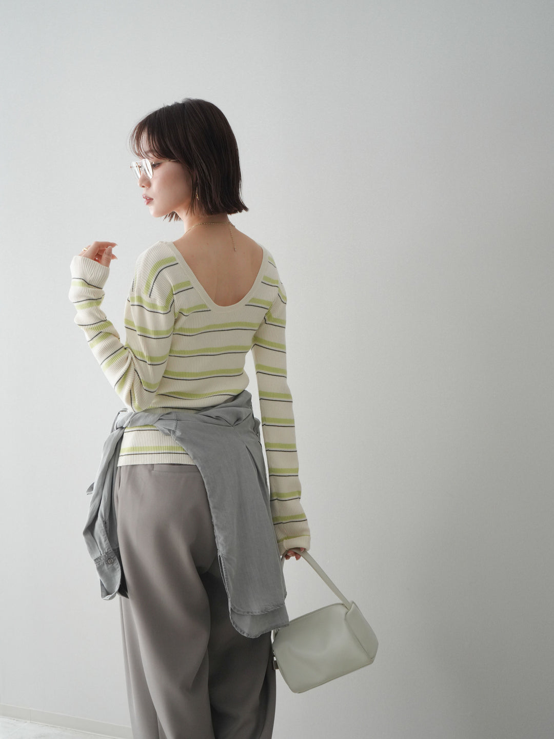 [予約]バックオープンテレコリブマルチボーダートップス/ivory