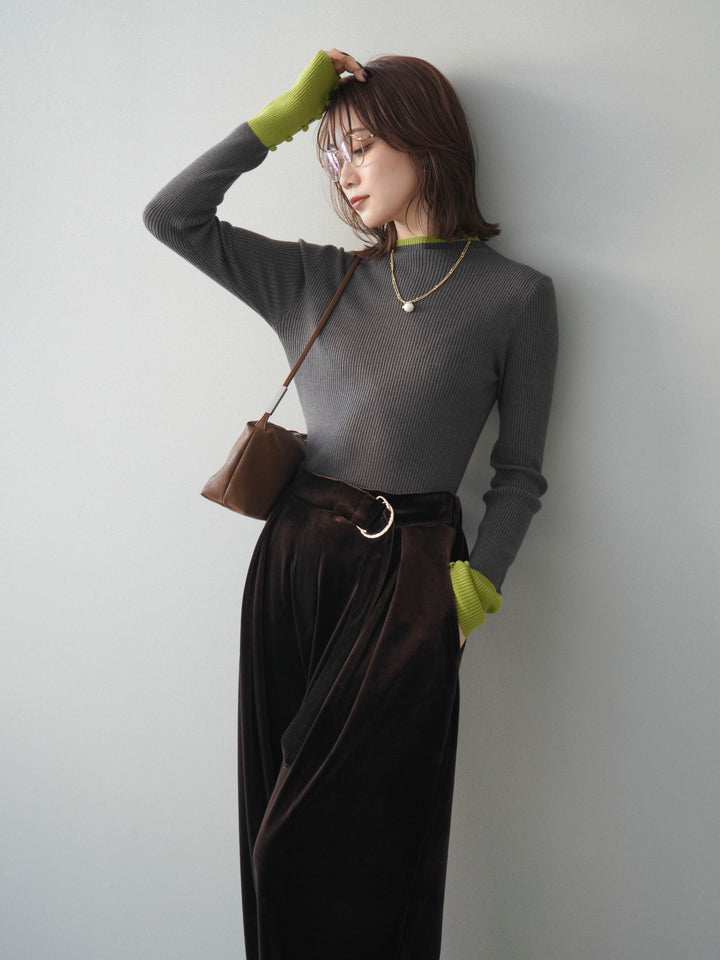 [SET]袖ボタンハイネック配色リブニットトップス+ベロアベルトスリムパンツ(2set)