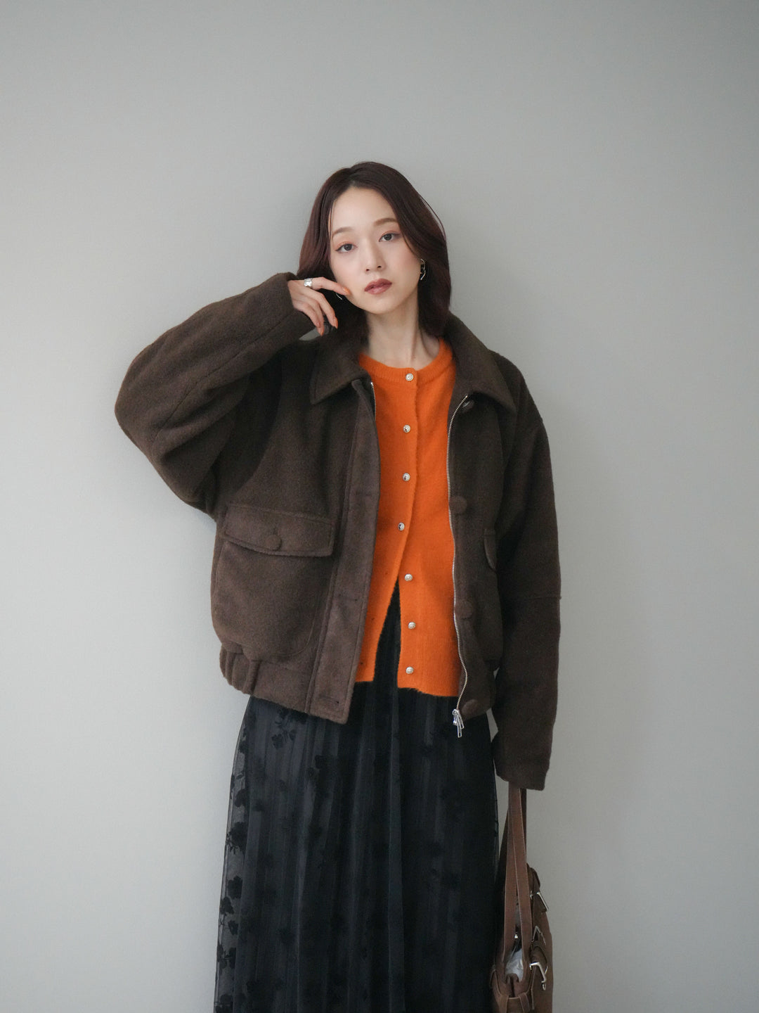 [SET]ウールライクフライトジャケット+フラワーフロッキーチュールプリーツスカート(2set)