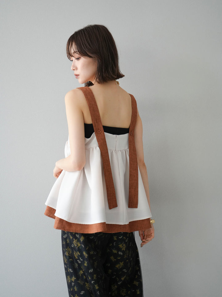 [SET]リネンライク配色フレアタンクトップ+コード刺繍チュールレイヤードパンツ+ブーケプリントタックパンツ(3set)