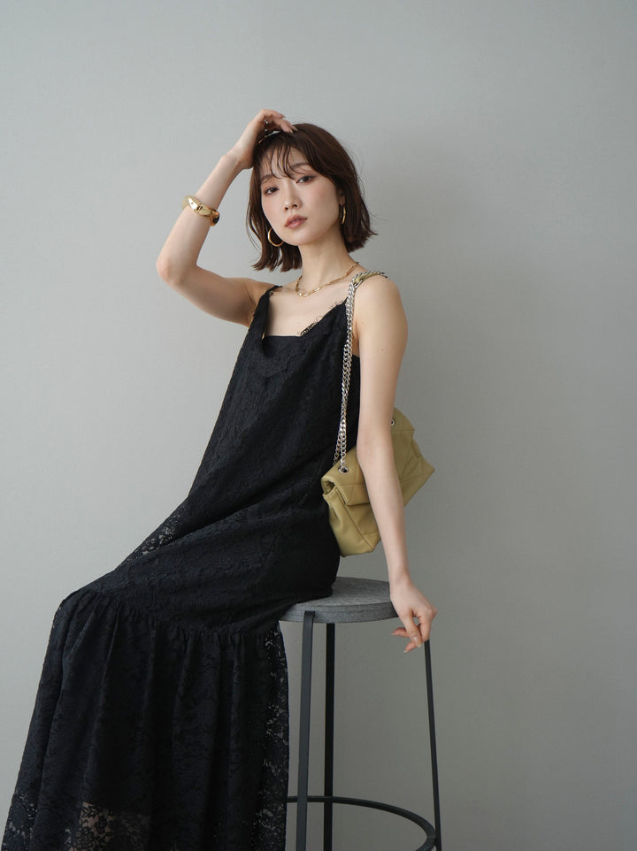 [予約]ギャザー切替レースキャミワンピース/black