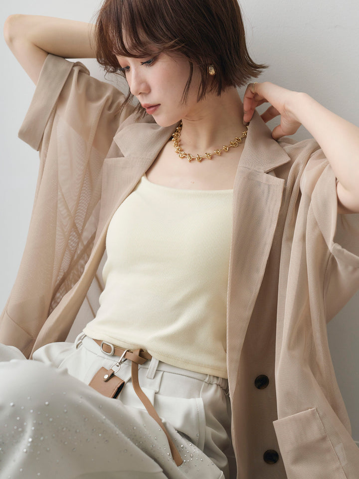 [SET]メッシュハーフWジャケット+ポーチベルト付サイドビジュータックワイドパンツ(2set)