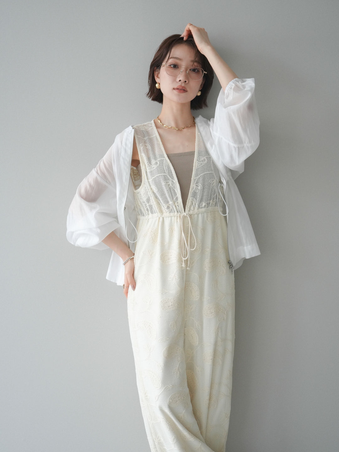 [SET]レース刺繍サロペット+ドロストシアーブルゾン(2set)