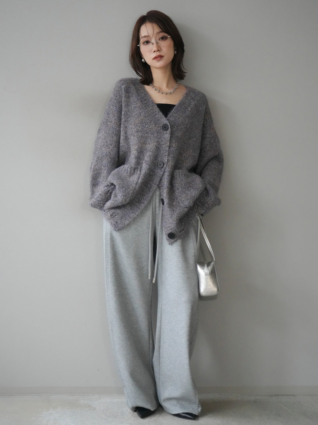 [予約]ミックスヤーンVネックオーバーニットカーディガン/purple