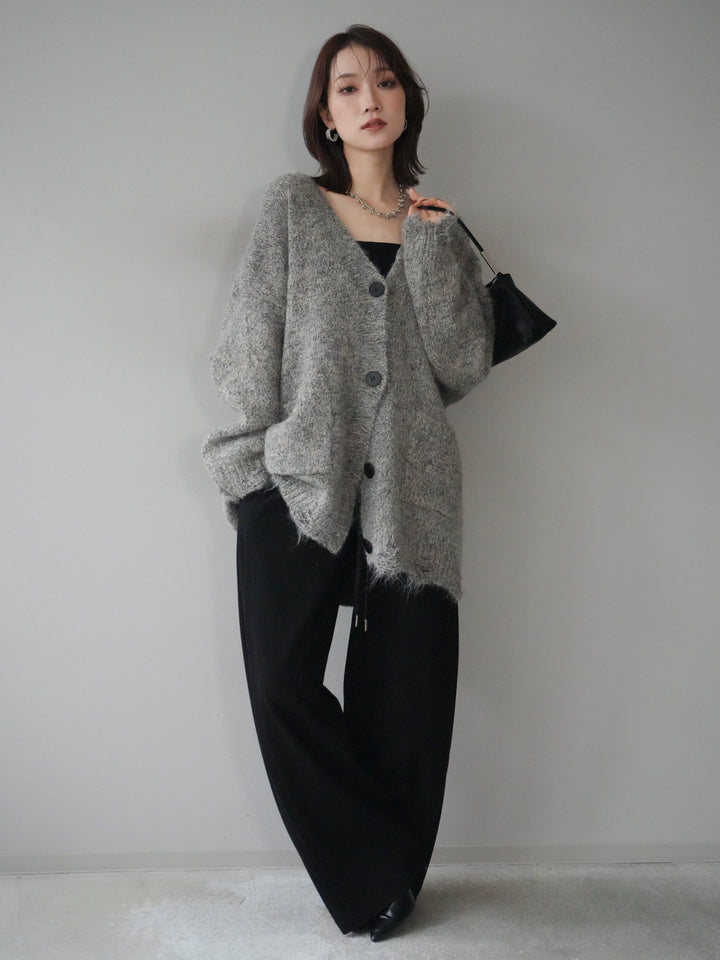 [予約]ミックスヤーンVネックオーバーニットカーディガン/green