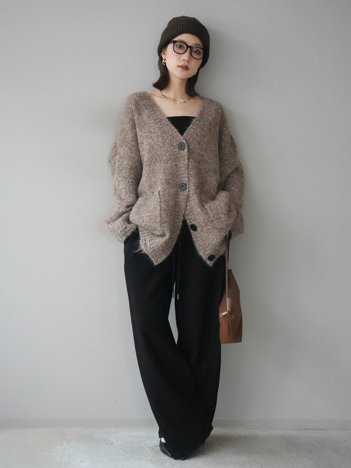 [予約]ミックスヤーンVネックオーバーニットカーディガン/brown