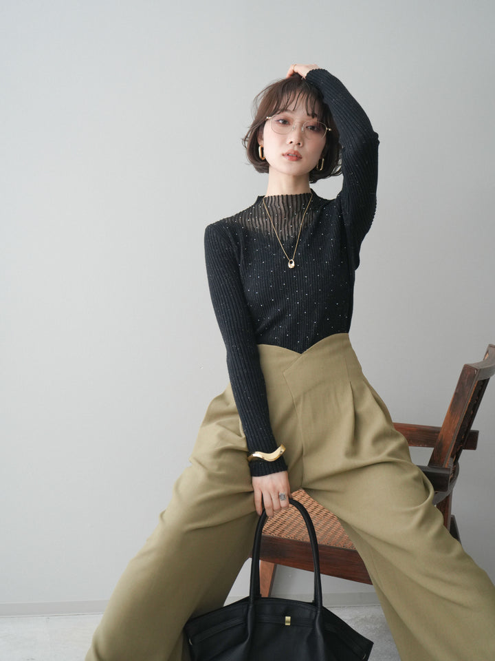 [SET]シアー切替スパンコールリブニットトップス+デザインハイウエストワイドパンツ(2set)