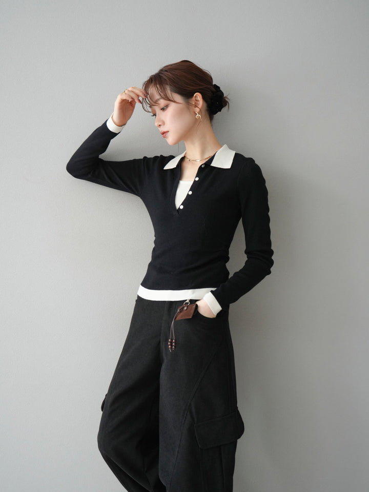 [予約]レイヤード配色ポロニットトップス/black