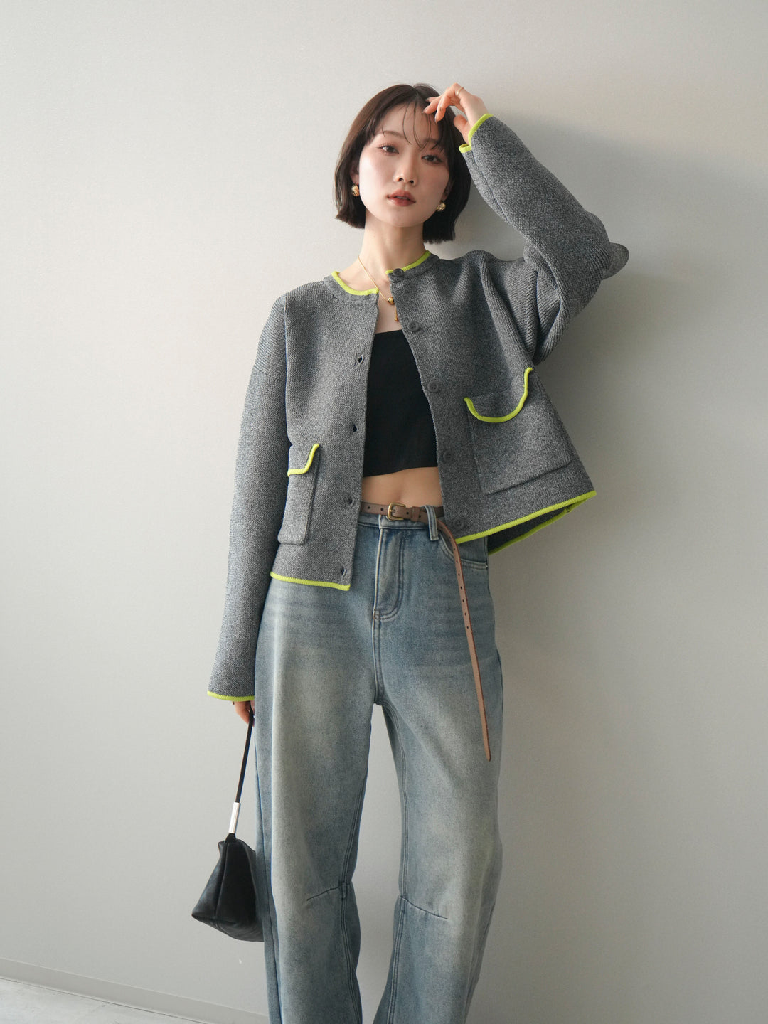 [SET]ポリエステル配色ニットカーディガン+裏起毛カットオフカーブデニムパンツ(2set)