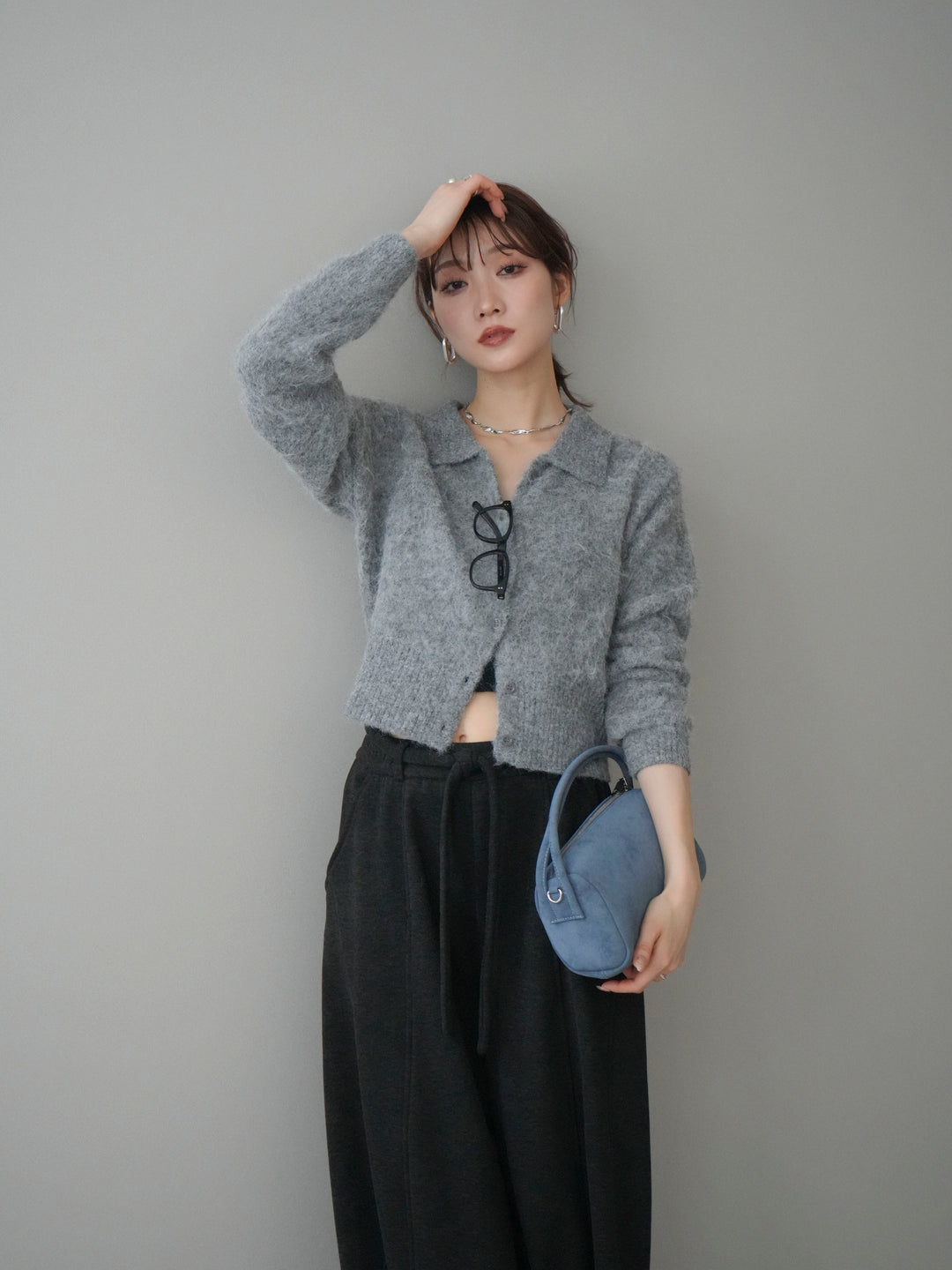 [予約]モヘア衿付きボタンプルオーバー/charcoal