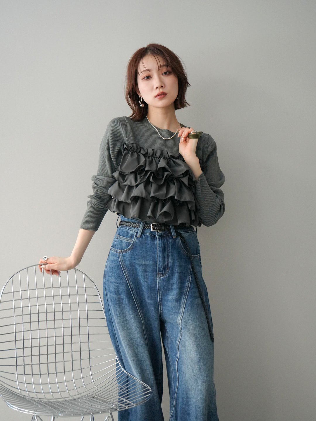 [SET]フリルビスチェドッキングスポンジニットプルオーバー+ストーンフォークリング(2set)