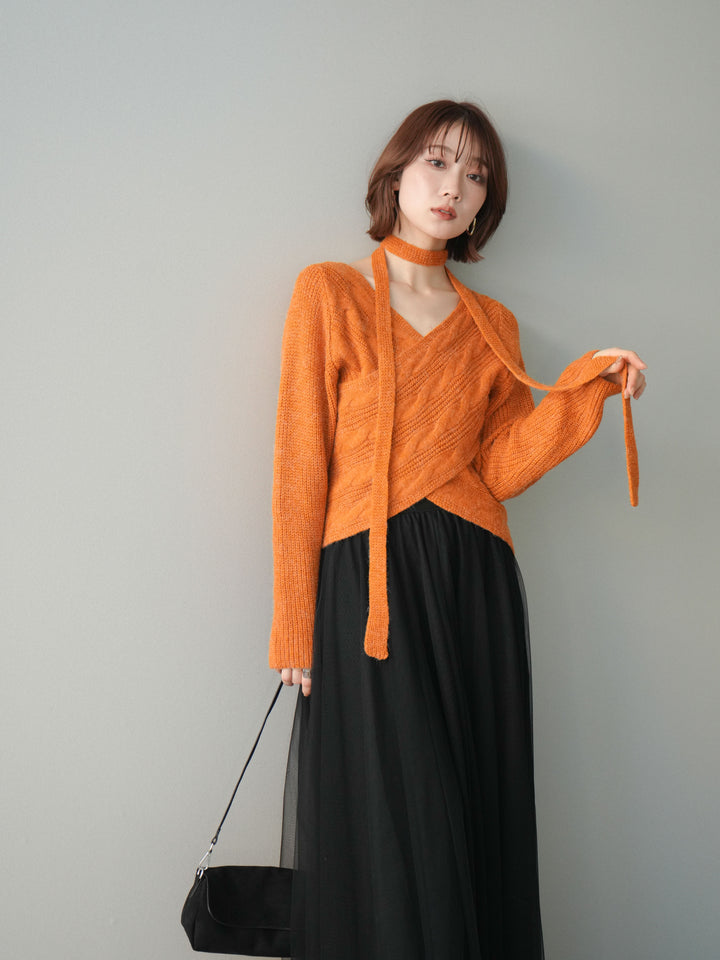[予約]ケーブル編みクロスニットトップス/orange