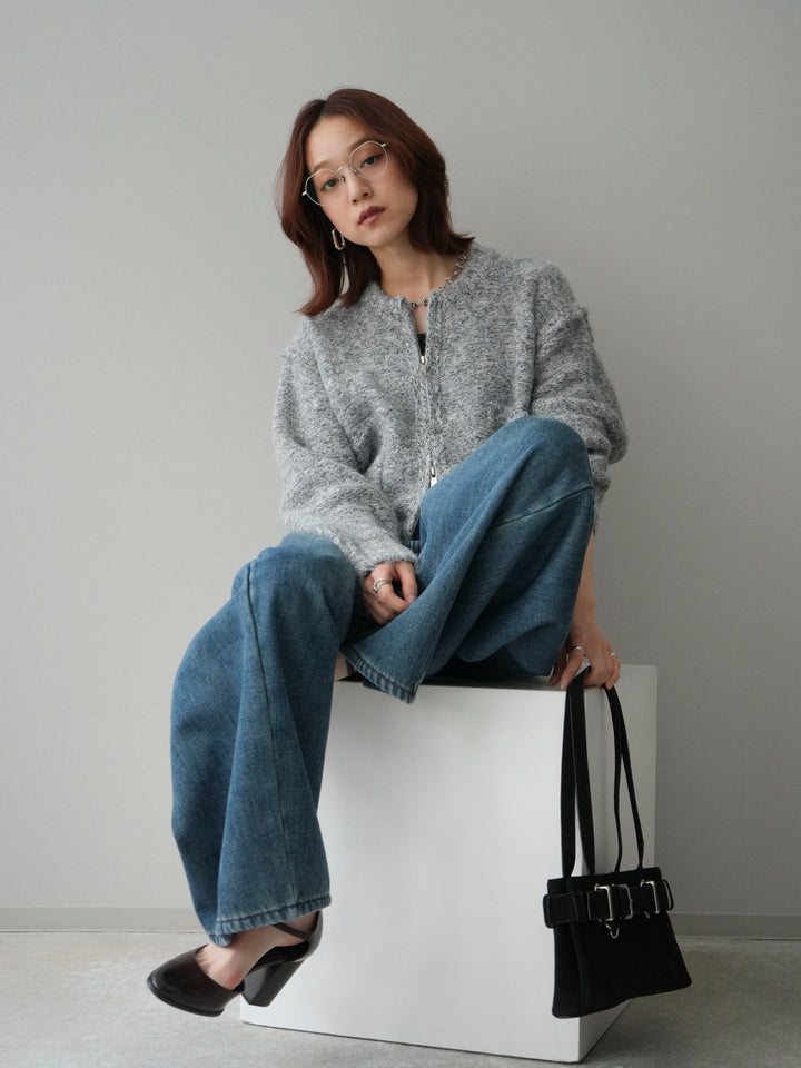 [SET]ミックスヤーンダブルZIPニットカーディガン+ベルト付裏起毛カーブデニムパンツ(2set)