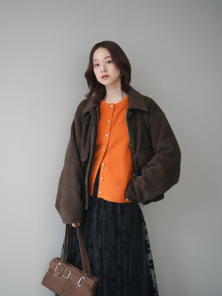 [SET]ウールライクフライトジャケット+アンティークボタンニットカーディガン+フラワーフロッキーチュールプリーツスカート(3set)