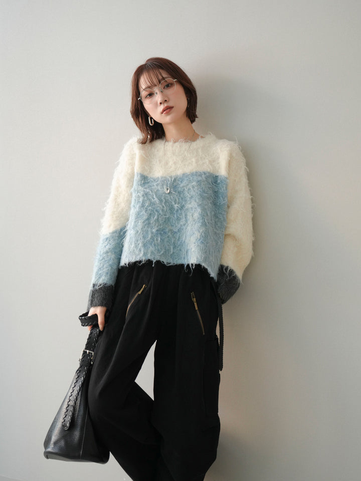 [SET]バイカラーモヘアタッチニットプルオーバー+コットンタックループパンツ(2set)