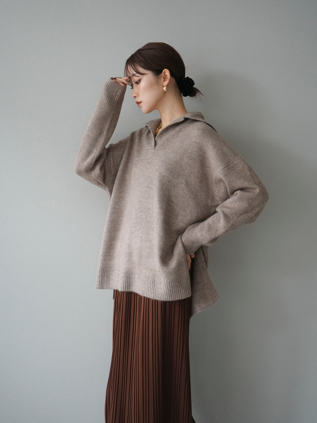 [予約]スキッパーオーバーニットプルオーバー/greige