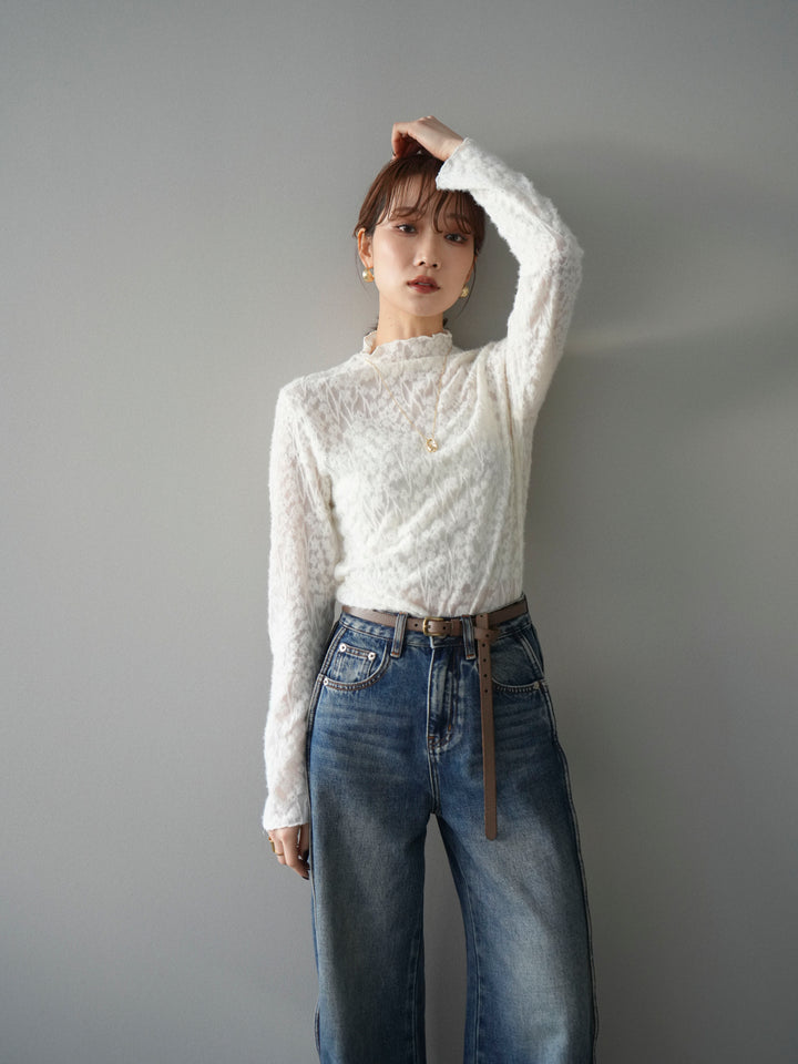 [予約]起毛レースプチネックトップス/white