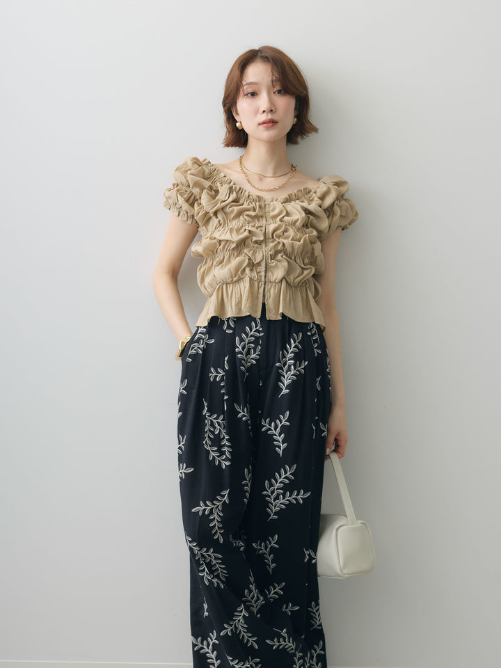 [予約]半袖シャーリングフリルブラウス/beige