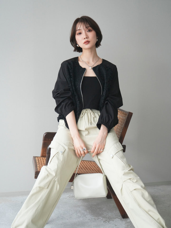 [SET]レースドッキングブルゾン+タックデザイン裾ドロストカーゴパンツ+カップ付テレコリブベアキャミソール(3set)