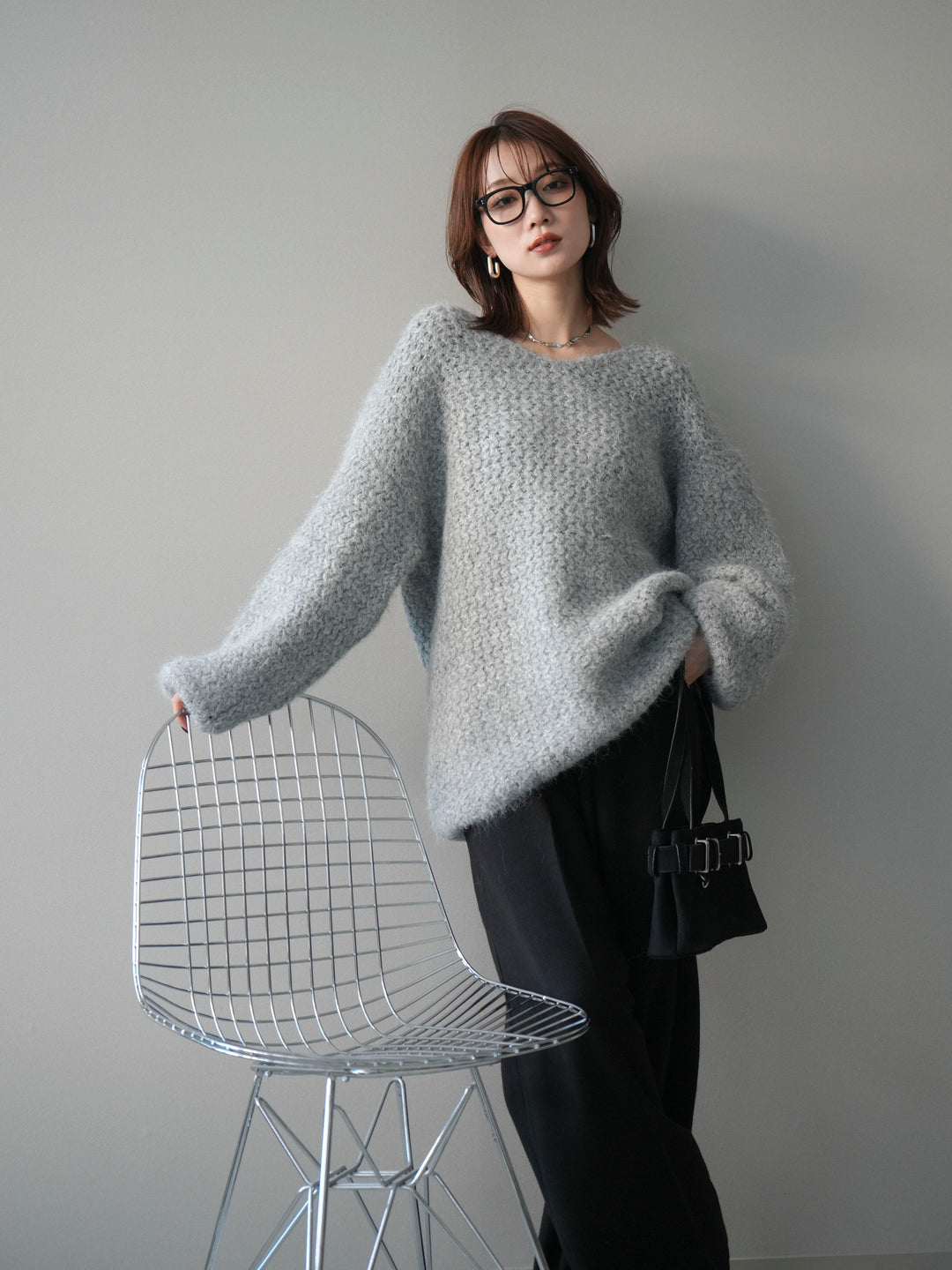 [予約]ウールタッチラメミックスヤーンVネックニットプルオーバー/lightgray